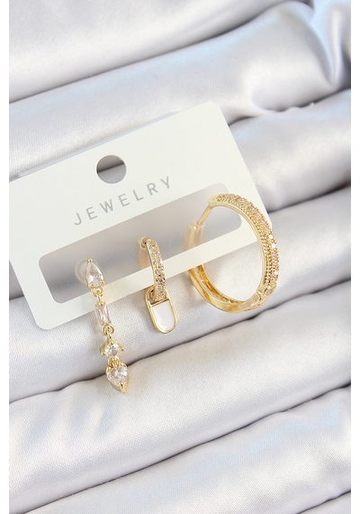 Pirinç Zirkon Taşlı Sallantılı Model Gold Renk 3'lü Çift Kadın Küpe Set Çok renkli 27563006