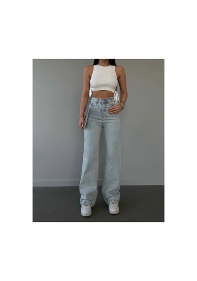 Woddi Sara Salaş Kar Yıkama Mavi Kot Palazzo Bol Paça Jeans New Taş1