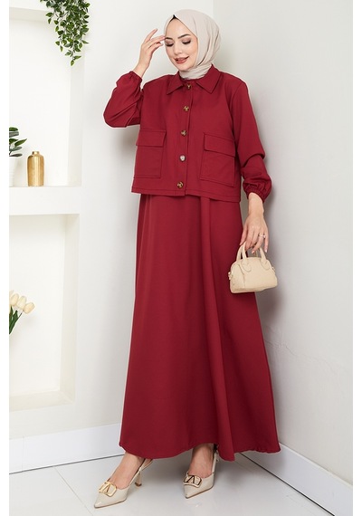 Bestenur Faylin Ceket Elbise İkili Takım 1565 - Bordo Bordo