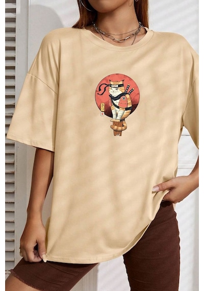 Unisex Shinobi Baskılı T-shirt Bej