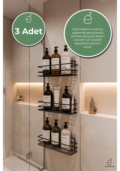 Evonita 3l'ü Yapışkanlı Banyo Rafı Duş Şampuanlık Organizer Metal Siyah Delmeden Montaj Raf Seti