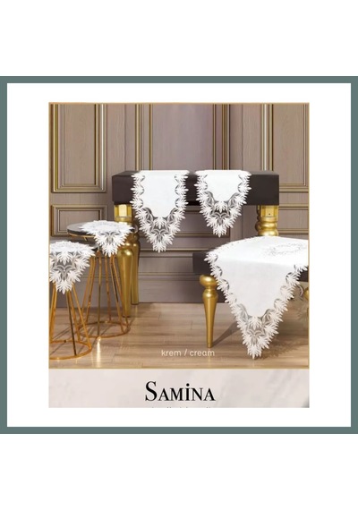 Ventra Salon Takımı Çeyizlik Samina Model Krem Keten Dantelli Masa Örtüsü Runner Seti 5 Parça Ventra