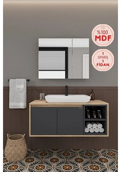 Lale 100 Cm %100 Mdf Lavabolu Banyo Dolabı + Aynalı Dolap Antrasit