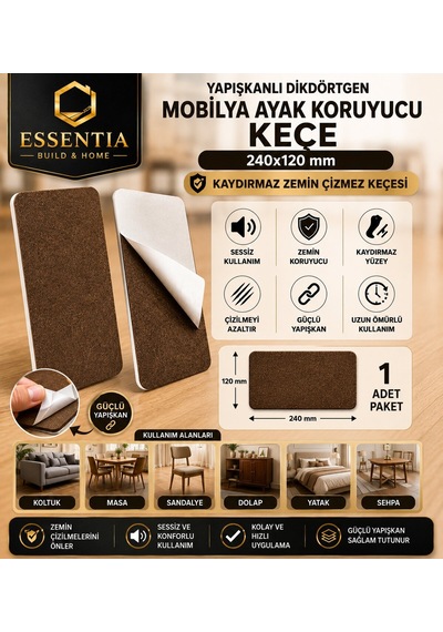 Yapışkanlı Dikdörtgen Mobilya Ayak Koruyucu Keçe 240x120 Mm Kaydırmaz Zemin Çizmez Keçesi Kahverengi