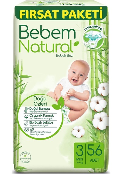 Bebem Natural Bebek Bezi 3 Beden Fırsat Paketi 56 Adet Sku: Smg8690010029522