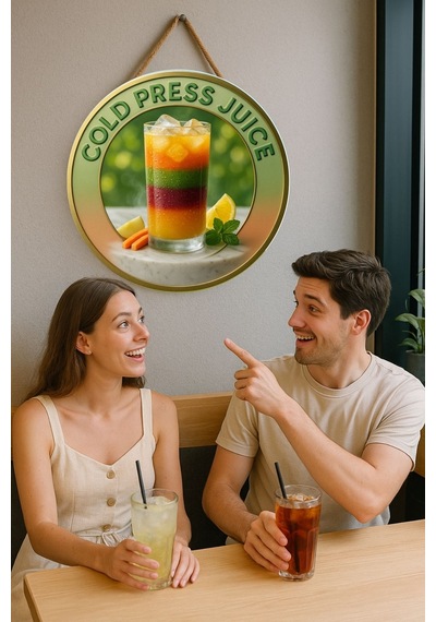 Cold Press Juice Temalı Kapı Süsü Tablosu, Meyve Detaylı Uv Baskılı Cafe Duvar Dekoru