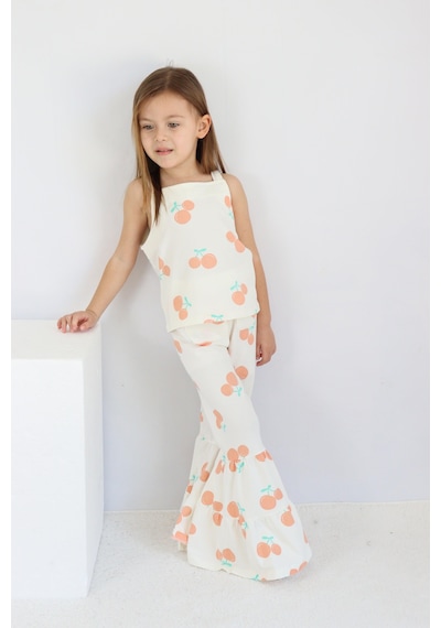 Kıpırık Baby Kız Çocuk Ekru Kiraz Desenli İspanyol Paça Pantalonlu Takım-1170 Ekru