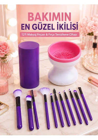 Avantajlı İkili Set 12 Li Mor Makyaj Fırçası Ve Elektrikli Makyaj