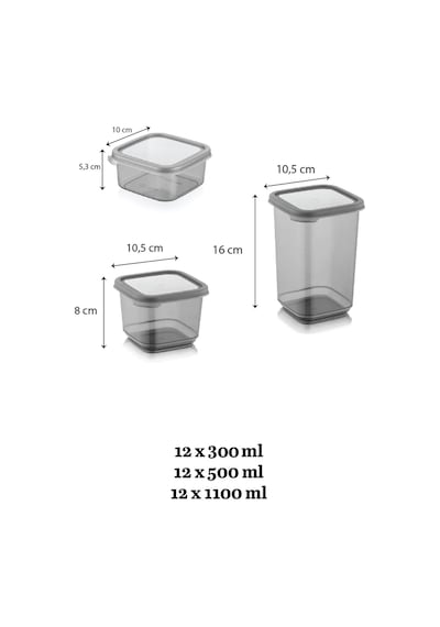 Meleni Home 36'lı Kare Bakliyat Saklama Kabı Etiketli Erzak Kabı  12 x 300 - 500 - 1100 ML Gri