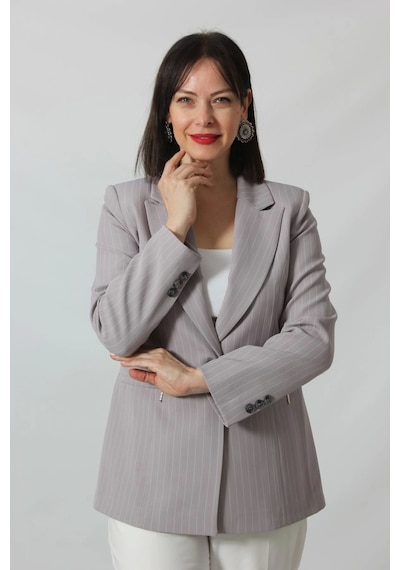Moda Berray 1906 Gri Çizgili Fermuarlı Cep Aksesuarlı Kadın Büyük Beden Blazer Ceket Gri