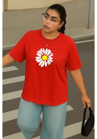 Benroma Büyük Beden Papatya Baskılı Unisex Tişört Çok Renkli