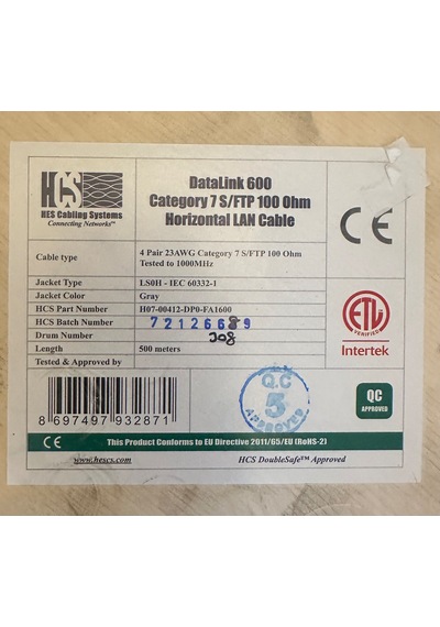 Hcs Cat 7 S/ftp 100 Ohm 4 Pair 23 Awg 500 Metre Gri