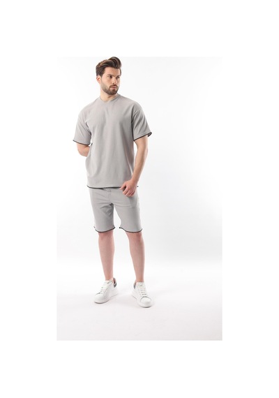 Madmext Boyalı Gri Nakış Detaylı Erkek Şort T-shirt Takım E7305 Boyalı Gri