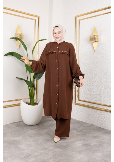 Nevayla Moda Ayrobin Kumaş İnci Detaylı Takım / T105 - Kahverengi Kahverengi