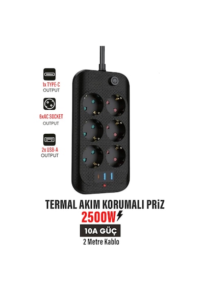 Exenar - Siyah - Yüksek Akım Korumalı 6 Lı Grup Priz Kablolu 2m Priz 2 Usb-a 1 Type-c Girişli Fiş 2 Metre Kablolu 2 M