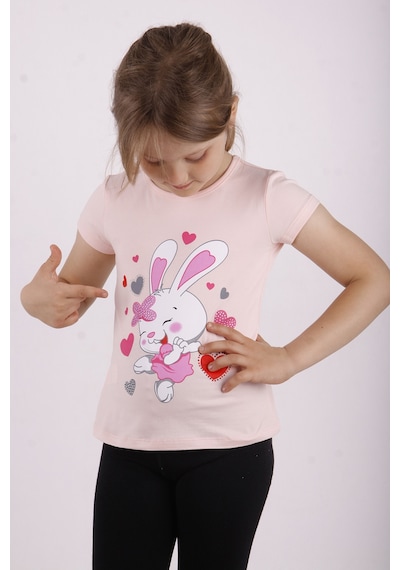 Toontoy Kids Toontoy Kız Çocuk Kalpli Tavşan Baskılı Tişört Somon