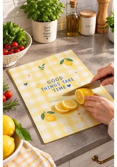 Gökçeoğlu Cam Kesme Tahtası Sarı Beyaz Kareli Limon Temalı - Cam Kesme Tablası 20cm X 30cm Çok Renkli