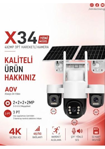 X34 6 Motorlu 4 Kameralı 4g Solar Kamera