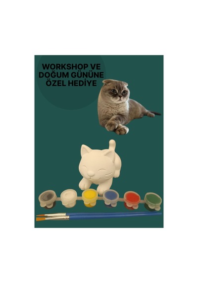 3d Kedi Figür Boyama Seti - Kendin Boya Hobi Ve Etkinlik Seti - Akrilik Boya + 2 Fırça