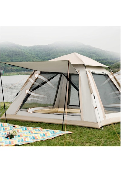 6 Kişilik Otomatik Kurulumlu Kamp Çadırı Sineklikli & 1000 Mm Su Geçirmez Outdoor Çadır Bej Mavi