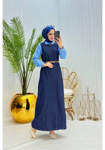 Neşeli Butik Kadın Kemerli Denim Jile Gömlek Tesettür Takım Nms073 Lacivert