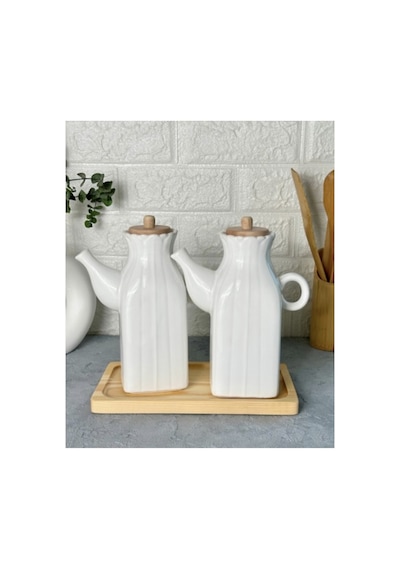 Bambu Standlı 2 Li Kare Porselen 1000 Ml Yağdanlık Yağlık Seti Beyaz Beyaz