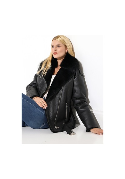 M M Marki Marki Kadın Hakiki Deri Mont, Siyah, Oversize, İçi Kürklü, 74 Cm, Kemerli
