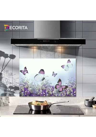 Decorıta Cam Ocak Arkası Koruyucu | Mor Çiçek & Kelebek Desenli