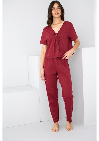 Siyah İnci Bağlamalı Örme Pijama Takım7889 Bordo