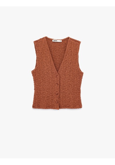 Koton Bürümcük Kumaş Slim Fit V Yaka Düğmeli Yelek Kahverengi 6wak30057ek Kahve