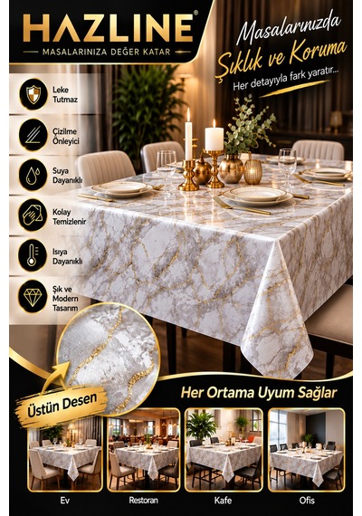 Mermer Desenli Masa Örtüsü Gri Gold Şık Modern Leke Tutmaz Silinebilir Suya Dayanıklı Dikdörtgen Masa Örtüsü Taş Grisi