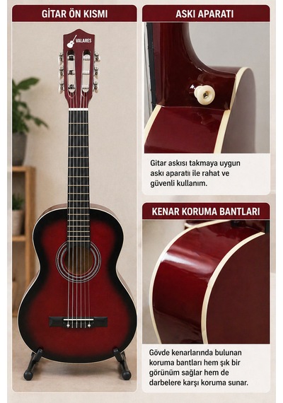 Valares Qcg3024 34 1/2 Yarım Boy Klasik Gitar Kırmızı Askı Aparatlı Çocuklar İçin İdeal Kolay Çalım
