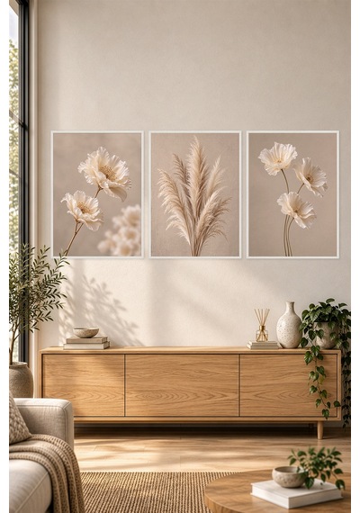 Beyaz Ahşap Çerçeveli Ivory Bloom 3'lü Mdf Tablo Seti Krem Çiçek Pampas Duvar Dekoru Renk: Beyaz