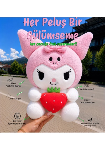 Yeni Seri Çilekli Kuromi Peluş Oyuncak 50cm - Hediyelik Oyuncak & Polly Toys Açık Pembe