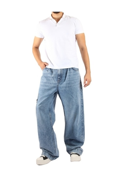 Denim Mavi Yan Fermuar Detaylı Wide Leg Pantolon Mavi