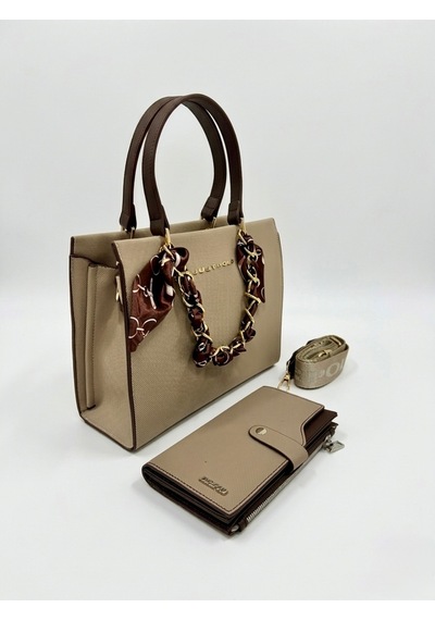 Just Polo Kadın Gold Zincirli Şal Detaylı Şık El & Omuz Çantası Ve Cüzdanı Kombin Shopper Ebat: 20 X 25 Cm Kum - Kahverengi