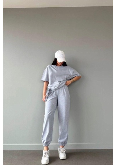 Basic T-shirt Eşofman Altı Jogger - Gri Düz Alt Üst Eşofman Takımı Oversize Bisiklet Yaka Gri