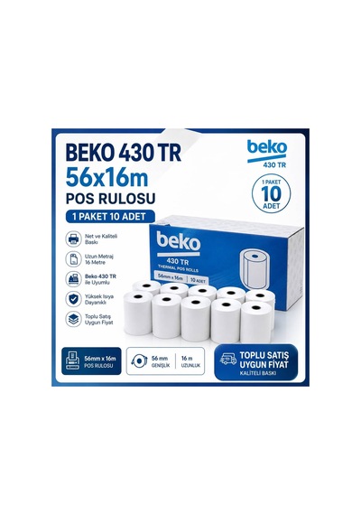 430 Tr Pos Rulosu 56x16 Mm Termal Rulo Kâğıt 1 Paket 10 Adet