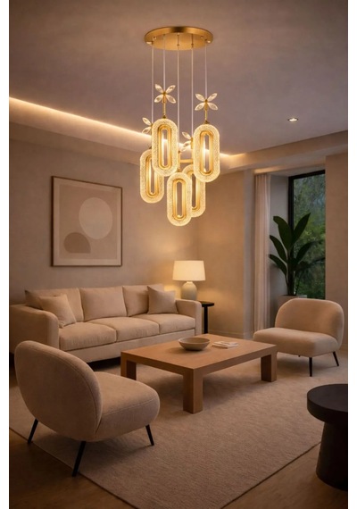 Bohem Aydınlatma 5'li Gold Sarkıt Elips 3 Renk Led Modern Avize Gold