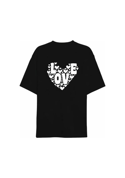 14 Şubat Sevgililer Günü Love Kalp Baskılı Oversize Bisiklet Yaka T-shirt - Siyah 14 Şubat Sevgililer Günü Love Kalp Baskılı Oversize Bisiklet Yaka T-shirt - Siyah
