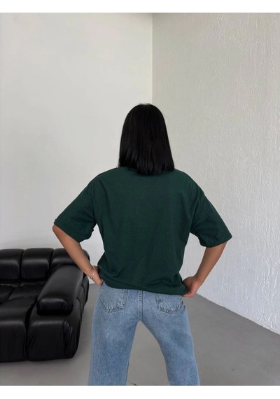 Kadın Düz T-shirt Kısa Kol Bisiklet Yaka Oversize Rahat Kalıp Günlük Tişört - Haki