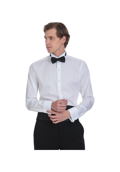 Hatemoğlu Beyaz Comfort Fit Ata Yaka 100% Pamuk Uzun Kollu Damatlık Gömlek