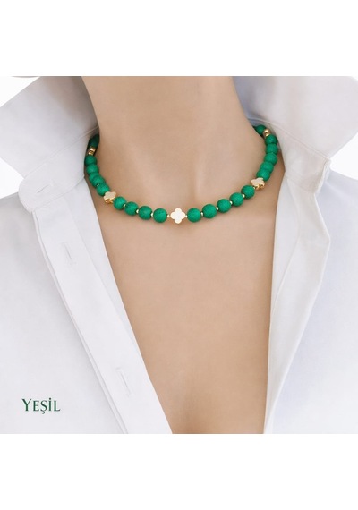 Luna Yonca Detaylı Lav Taşı Choker Doğal Taş Kolye Yeşil