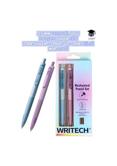 0,5 Mm Versatil Uçlu Kurşun Kalem Seti 2 Adet Kalem + 1 Paket Uç + 1 Adet Silgi Mor-mavi Writech Diğer