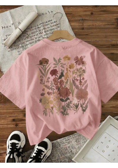 Retro Botanik Sırt Baskılı Çiçek Desenli Premium Kadın Oversize T-shirt Pembe