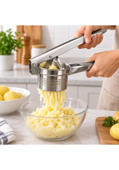 Paslanmaz Çelik Manuel Patates Ezici Ve Pres Uzun Saplı Delikli Hazneli Patates Püresi Aparatı, Pratik Mutfak Gereci