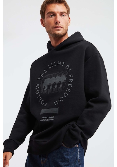 Grımelange Olympos Erkek %100 Organik Pamuk 3 Iplik Oversize Baskılı Kapüşonlu Kordonlu Siyah Sweatshirt