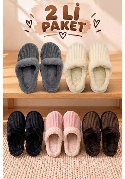 Stwenn 2'li Karma Erkek Kadın Avantajlı Paket Peluş Ev Terliği Kapalı Burun Arkası Açık Sıcak Rahat Panduf 2 Li Almina