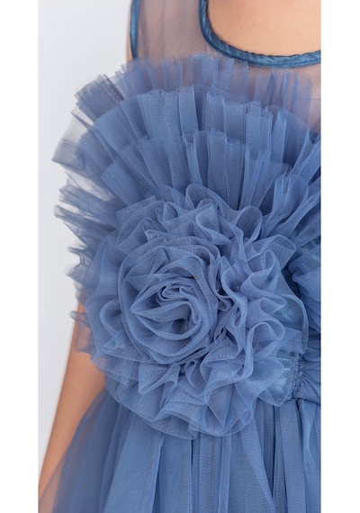 Mnk Baby & Kids Uzun Etekli , Askılı Kız Cocuk Gül Motif Abiye Elbise M00670 Koyu Mavi