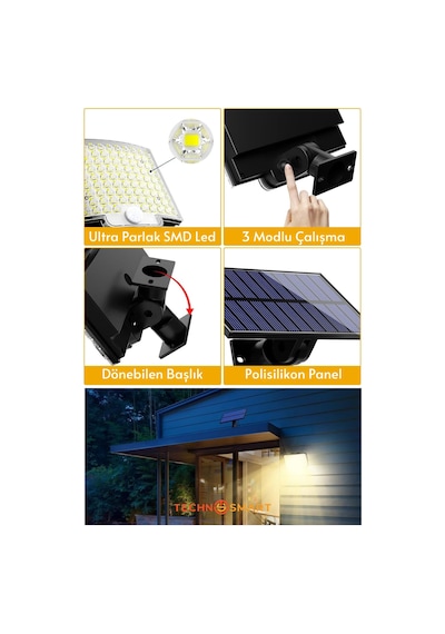 Technosmart Güneş Enerjili Bahçe Aydınlatması 106 Led, Sarı Işık, Kumandalı Ip65 Solar Duvar Lamba